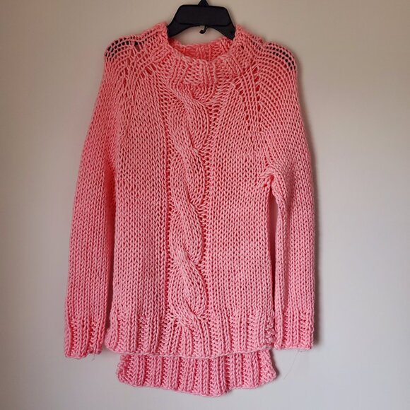Women's Fall Sweater Knitted Barbie Pink Cable Knit Fisherman Design Long Cozy - Picture 5 of 8